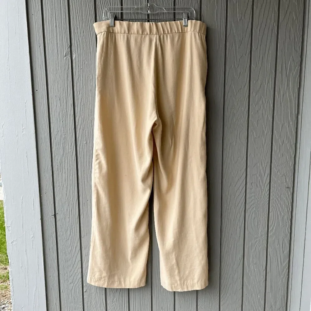 H&M Wide Leg Linen Blend Trousers Beige Size 14 Side Slits Pockets